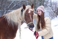 Girl with long brown hair and chestnut horse with plaited mane close up portrait on winter snowy background