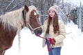 Girl with long brown hair and chestnut horse with plaited mane close up portrait on winter snowy background