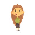 Girl With Long Brown Hair Smiling, Primary School Kid, Elementary Class Member, Isolated Young Student Character