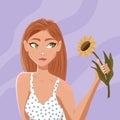 Girl with long brown hair in summer dress holding a sunflower. Beautiful confident young woman. Colorful vector Royalty Free Stock Photo