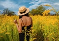 Girl with long dark hair in a hat among yellow flowers Royalty Free Stock Photo