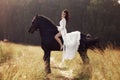 Girl in a long dress riding a horse, a beautiful woman riding a horse in a field in autumn. Country life and fashion, noble steed