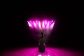 Girl in long gown performing on stage. Girl singing on the stage in front of the lights. Silhouette of singer standing