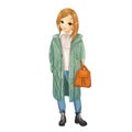 Girl in long green coat holds backpack