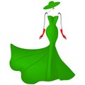 A girl in a long green dress and hat.