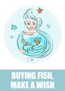 Girl with long hair and an aquarium with gold, red fish. A woman makes a wish, dreams. Zodiac sign Pisces. Illustration, concept,