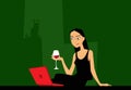 A girl with long hair in a black dress with a glass of wine in her hand is watching a video on a laptop. Royalty Free Stock Photo