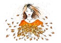 Girl with long hair, closed eyes and scattered leaves. Vector isolatwdconcept of autumn on white background. Royalty Free Stock Photo