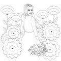 A girl with long hair, in a long dress and with a bouquet in her hands. Outline of a young woman and large flowers, cute