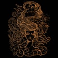 Girl with long hair gold contour drawing on a black background. Portrait of a young woman. Face and make-up. Fabulous sea princess Royalty Free Stock Photo
