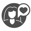 Girl with long hair and heart in speech bubble solid icon, love concept, love messege vector sign on white background