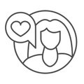 Girl with long hair and heart in speech bubble thin line icon, love concept, love messege vector sign on white