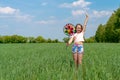 A girl with long hair holds in her hands a colored windmill toy on a green field on a sunny day Royalty Free Stock Photo