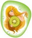Girl with long hair holds an kiwi fruit. Template label for packing shampoo