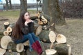 Girl with long hair on logs