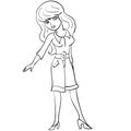 Girl with long hair and in long shorts stands with her hand to the side, drawing in outline, isolated object on a white Royalty Free Stock Photo