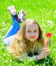 Girl with long hair lying on grassplot, grass background. Spring mood concept. Girl on smiling face holds red tulip