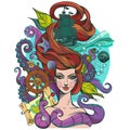 Girl with long hair. Portrait of a young woman. Face and make-up. Fabulous sea princess. Mermaid. Illustration for a tattoo,