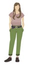 A girl with long hair stands and holds her hands in her pocket. Pink shirt, khaki breeches