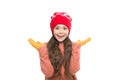 Girl long hair wear fur hat white background. Winter shampoo and conditioner prevent hair damage. Static and frizz
