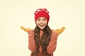 Girl long hair wear fur hat white background. Winter shampoo and conditioner prevent hair damage. Static and frizz