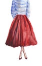 A girl in a long lush red skirt and a striped vest
