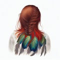 Girl with long red hair adorned with peacock feathers, beautiful illustration for hairdressing services advertising,