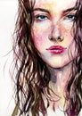 Girl with long wavy brown hair hand drawn watercolor illustration Royalty Free Stock Photo