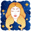 Girl with long wavy hair, stars and clounds, vector illustration