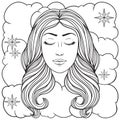 Girl with long wavy hair, stars and clounds vector linen black and white illustration.