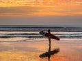 Girl with a longboard watches the surf at sunset on kuta beach, bali
