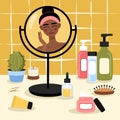 Girl look at the mirrow and skincare. Cosmetic bottles elements. Bath room and beauty table.