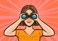 Girl looking through binoculars. Pop art retro comic style. Cartoon vector illustration