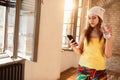 Girl looking on cell phone indoor Royalty Free Stock Photo