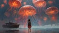 Girl looking at giant jellyfish floating in the sky Royalty Free Stock Photo
