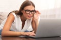 Girl Looking At Laptop Having Eyesight Problem At Home Royalty Free Stock Photo