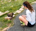 Girl looking at marmot in Rocky Mountain NP