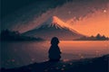 Girl looking at the mount fuji during the night. Vector art of anime woman stargazing. Beautiful Royalty Free Stock Photo