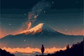 Girl looking at the mount fuji during the night. Vector art of anime woman stargazing. Beautiful Royalty Free Stock Photo