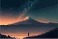 Girl looking at the mount fuji during the night. Vector art of anime woman stargazing. Beautiful Royalty Free Stock Photo