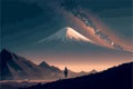 Girl looking at the mount fuji during the night. Vector art of anime woman stargazing. Beautiful Royalty Free Stock Photo