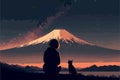 Girl looking at the mount fuji during the night. Vector art of anime woman stargazing. Beautiful