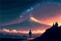 Girl looking at the mount fuji during the night. Vector art of anime woman stargazing. Beautiful Royalty Free Stock Photo