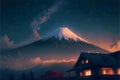 Girl looking at the mount fuji during the night. Vector art of anime woman stargazing. Beautiful Royalty Free Stock Photo