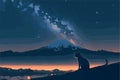 Girl looking at the mount fuji during the night. Vector art of anime woman stargazing. Beautiful Royalty Free Stock Photo