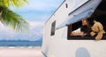 Girl looking out of camper van window on summer beach