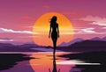 a girl looking out at the sunset by the lake with a reflection Royalty Free Stock Photo