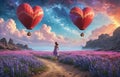 girl looking at red balloons. Balloons in shape of heart flying in the sunset sky. Wedding, Valentine, love concept. Royalty Free Stock Photo