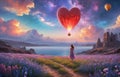 girl looking at red balloons. Balloons in shape of heart flying in the sunset sky. Wedding, Valentine, love concept. Royalty Free Stock Photo