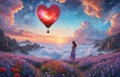 girl looking at red balloons. Balloons in shape of heart flying in the sunset sky. Wedding, Valentine, love concept. Royalty Free Stock Photo